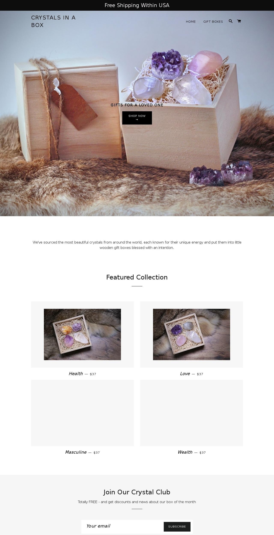 crystalsinabox.com — Shopify storefront screenshot