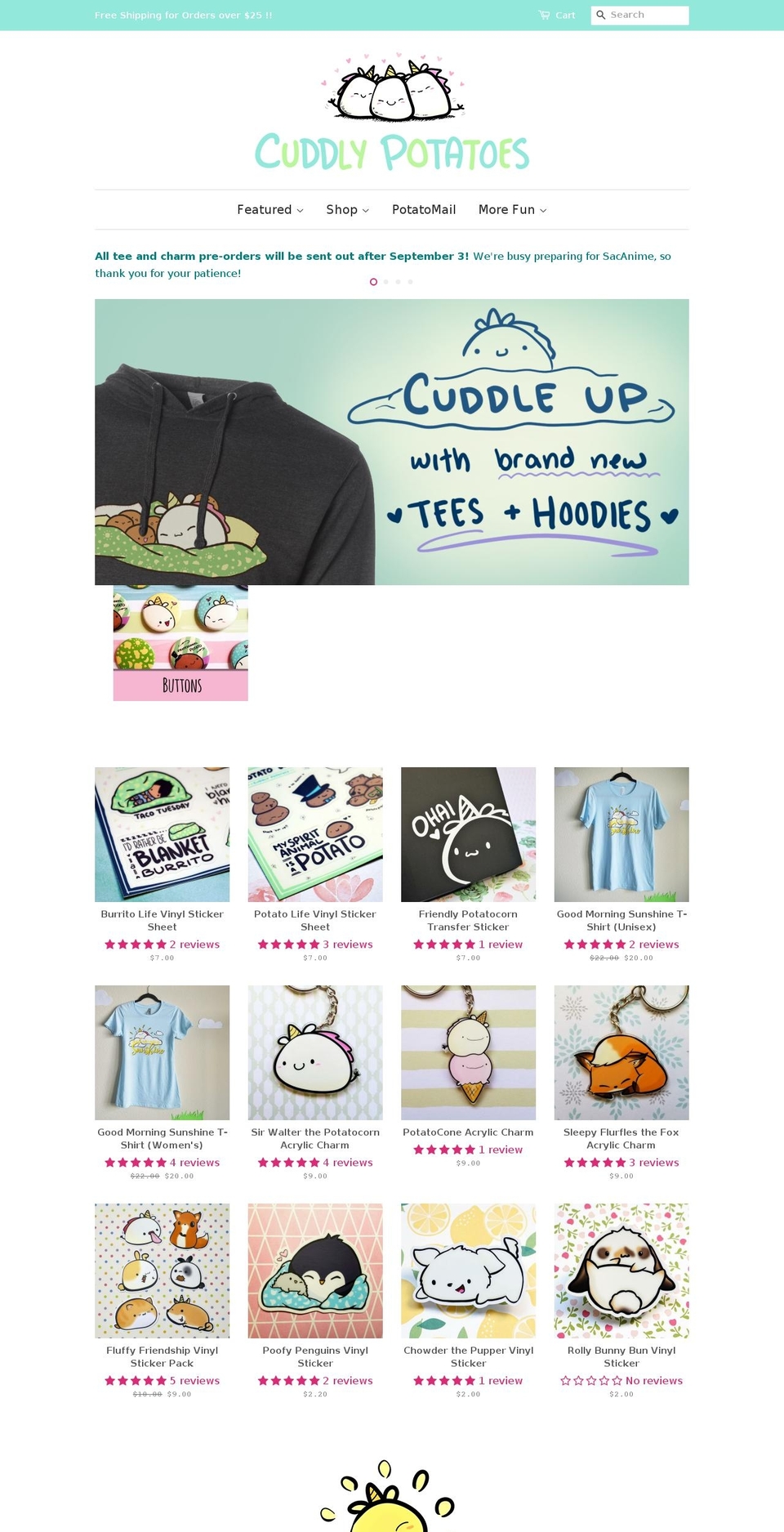 cuddlypotatoes.com shopify website screenshot
