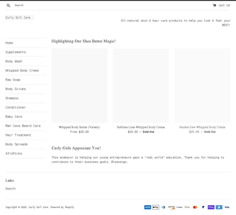 curlygirlcare.net shopify website screenshot