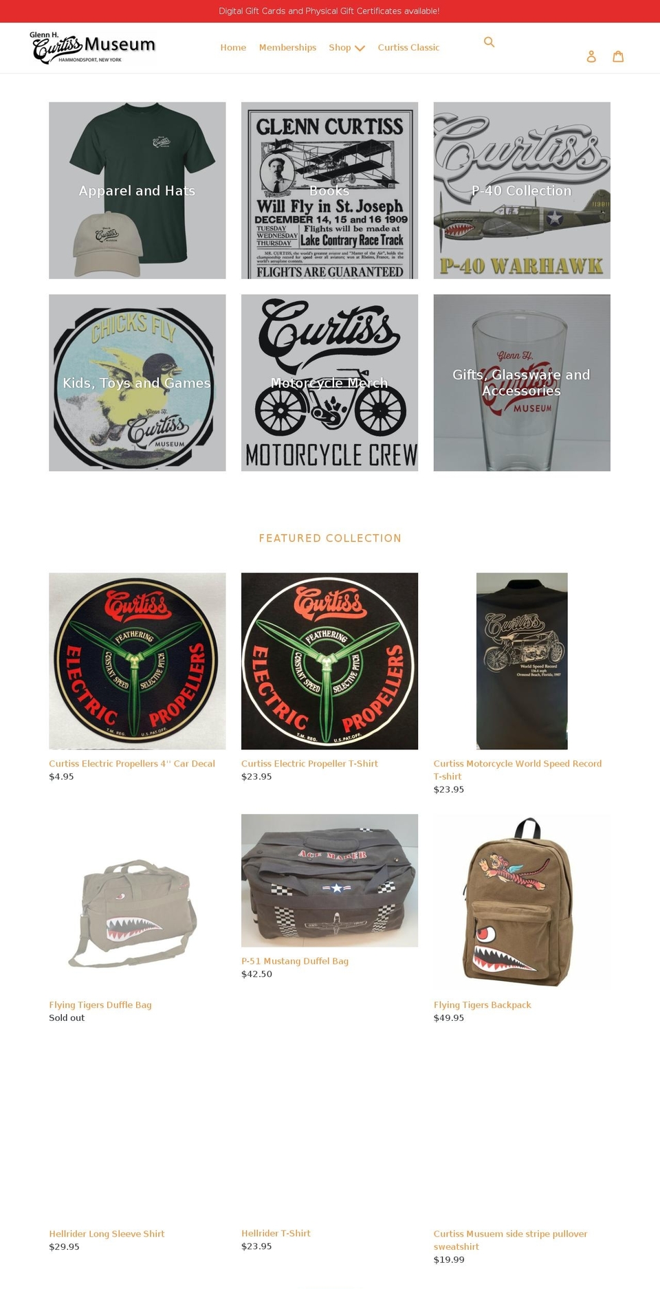 curtissmuseumstore.com shopify website screenshot