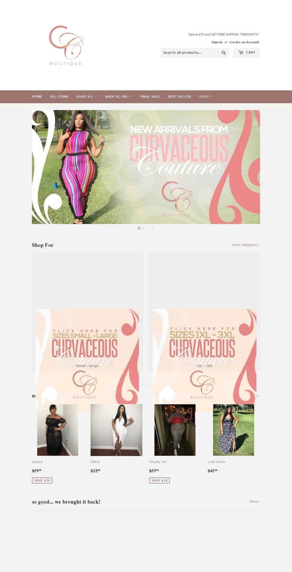 curvaceouscoutureboutique.com — Shopify storefront screenshot