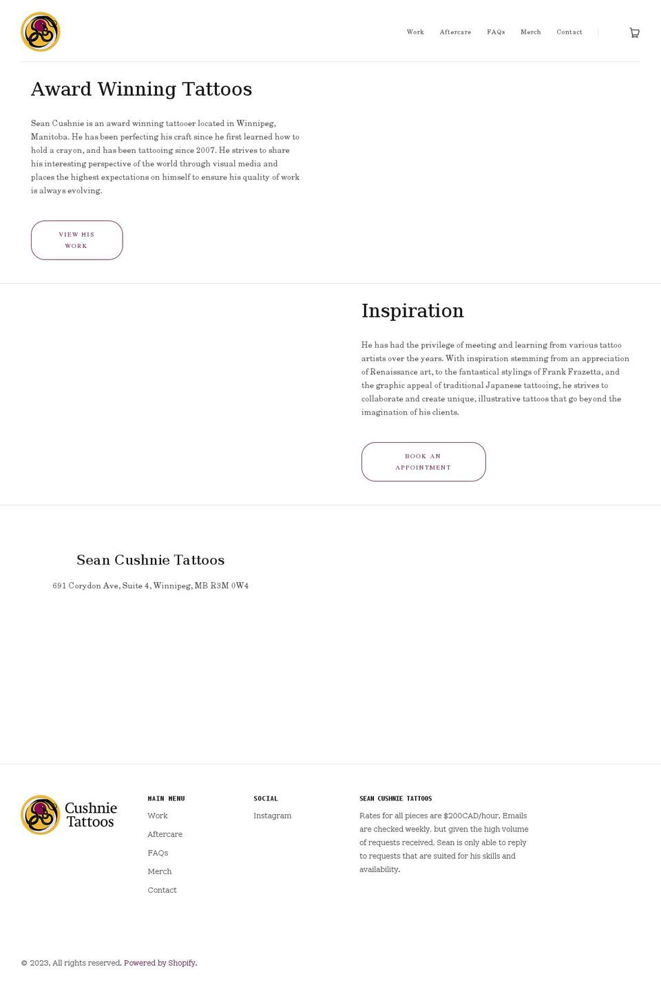 cushnietattoos.com shopify website screenshot