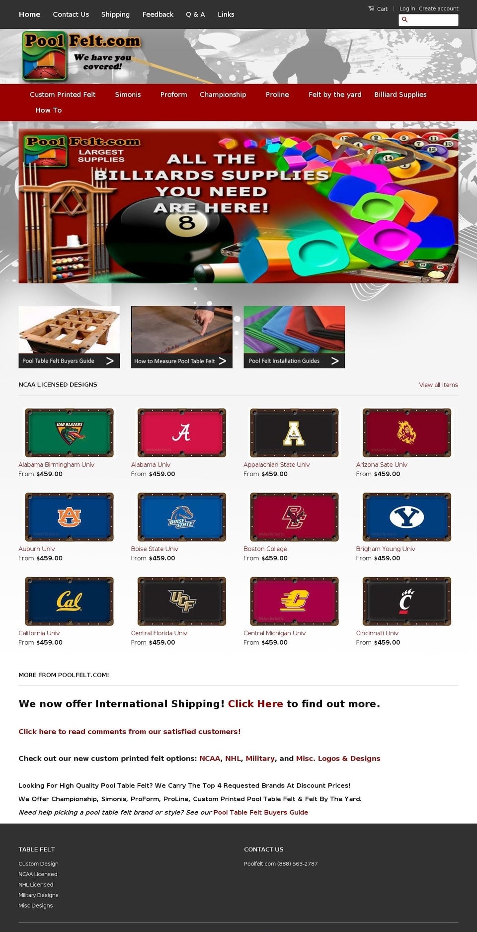 Current Shopify theme site example custom-pool-table-felt.com