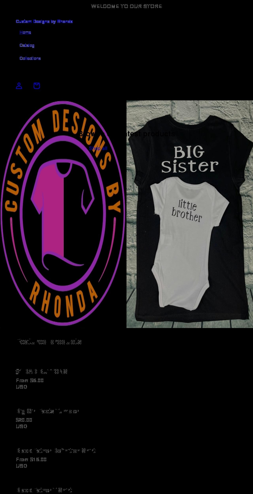 customdesignsbyrhonda.net shopify website screenshot