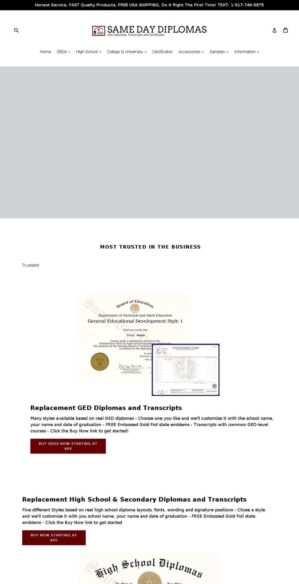 customdiplomas.com — Shopify storefront screenshot