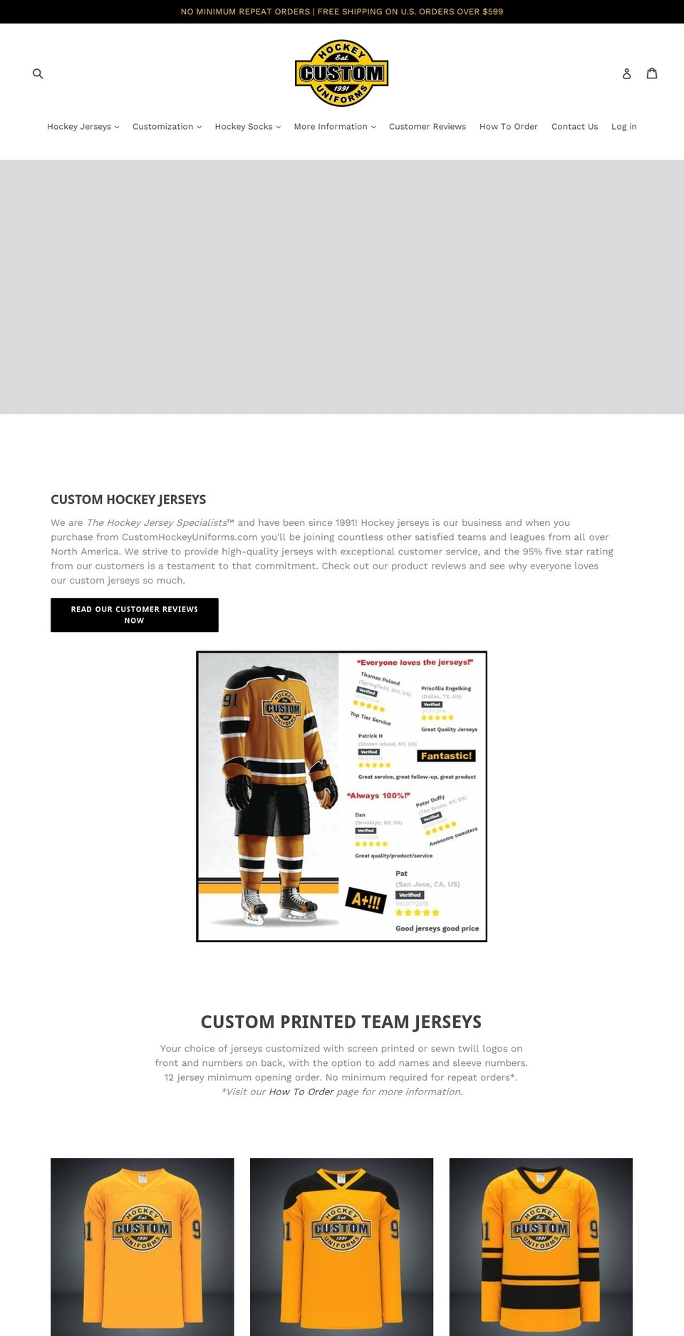 customhockeyuniforms.com shopify website screenshot