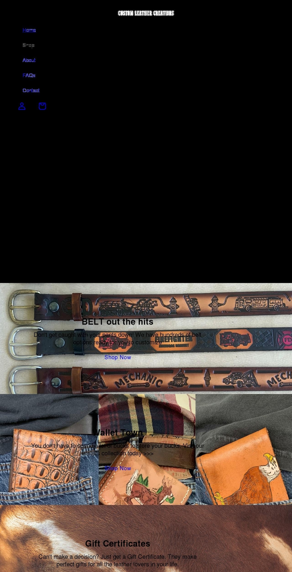 customleathercreations.com shopify website screenshot