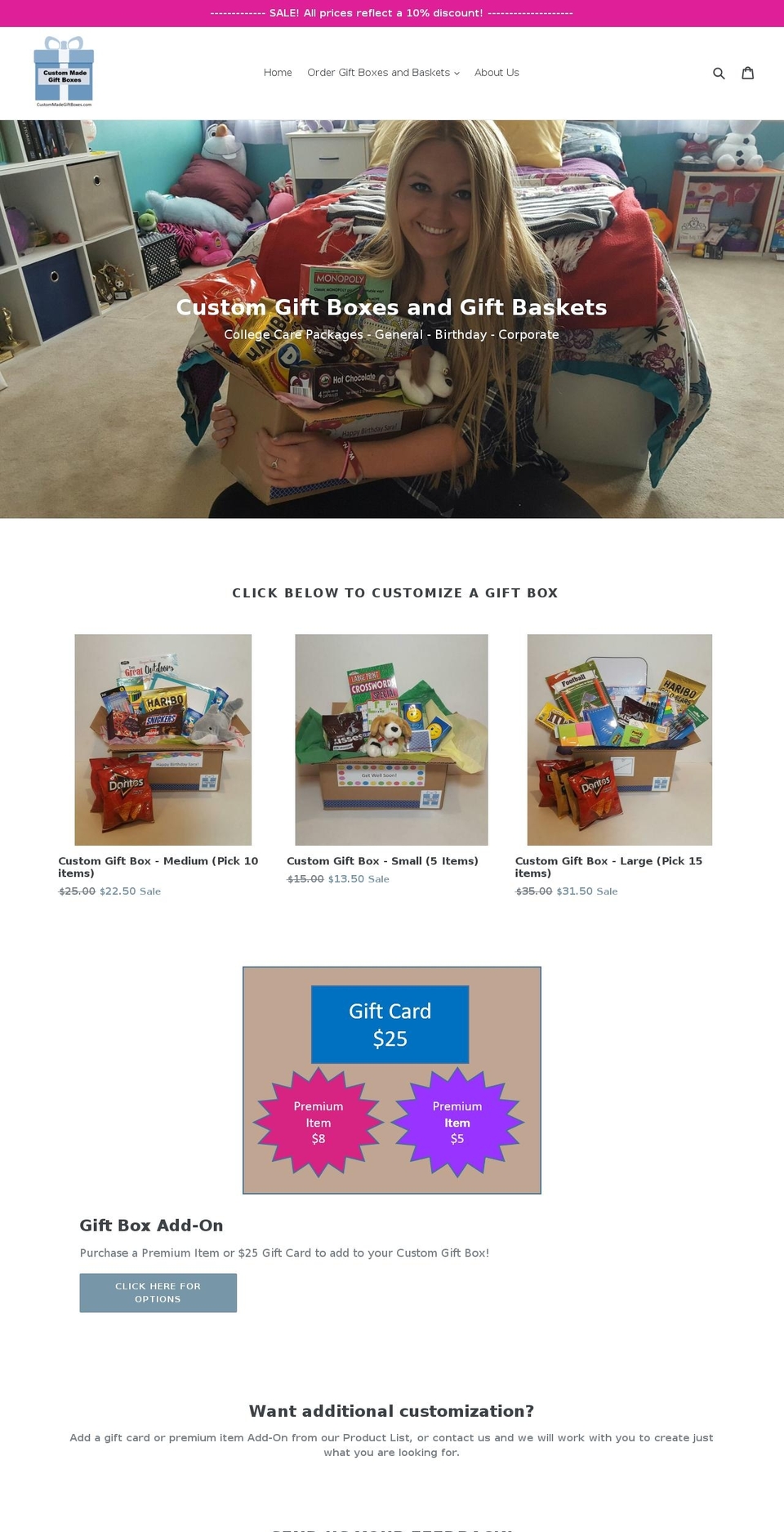 custommadegiftboxes.com — Shopify storefront screenshot