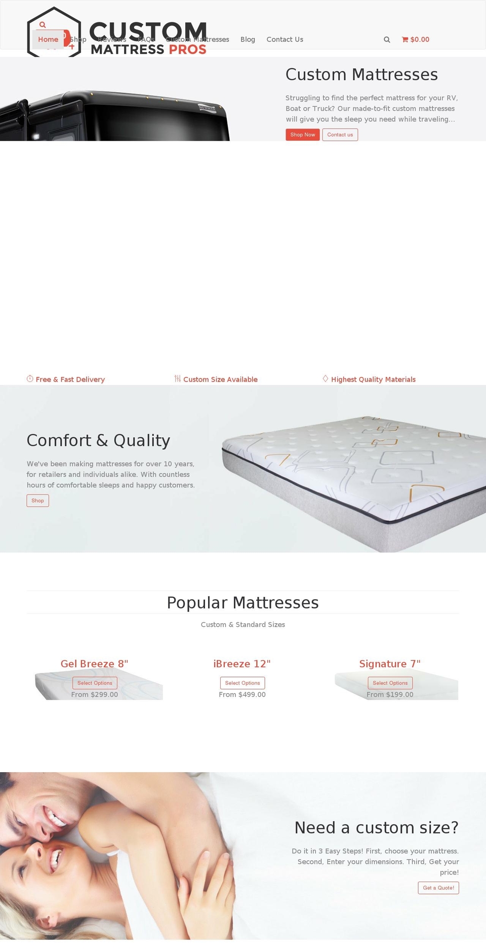 custommattresspros.com shopify website screenshot