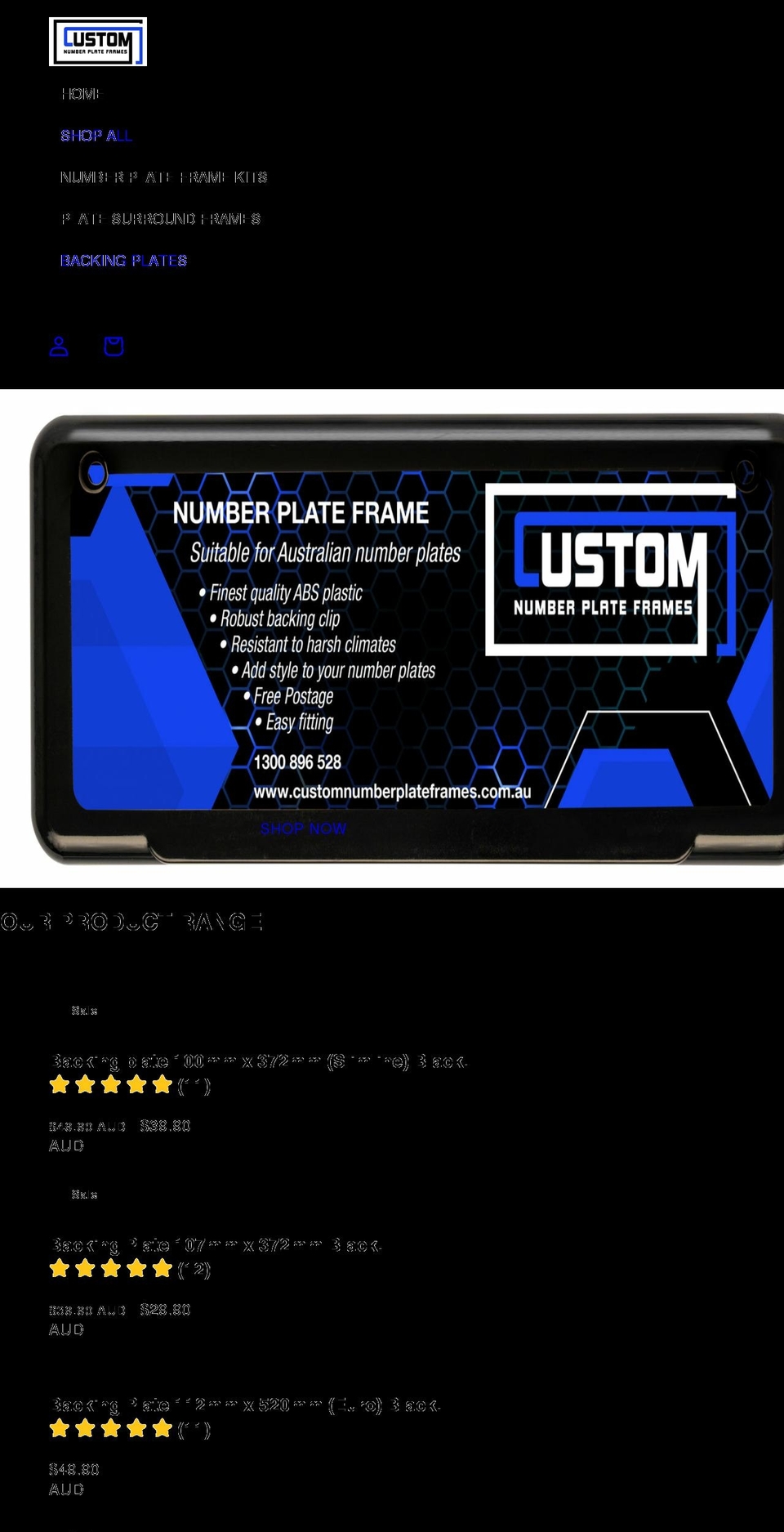 customnumberplateframes.com.au shopify website screenshot