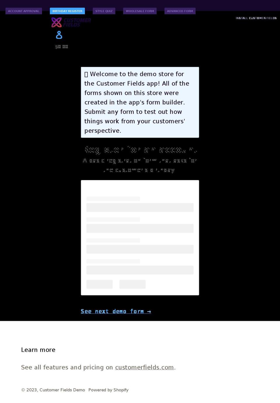 customr.myshopify.com shopify website screenshot