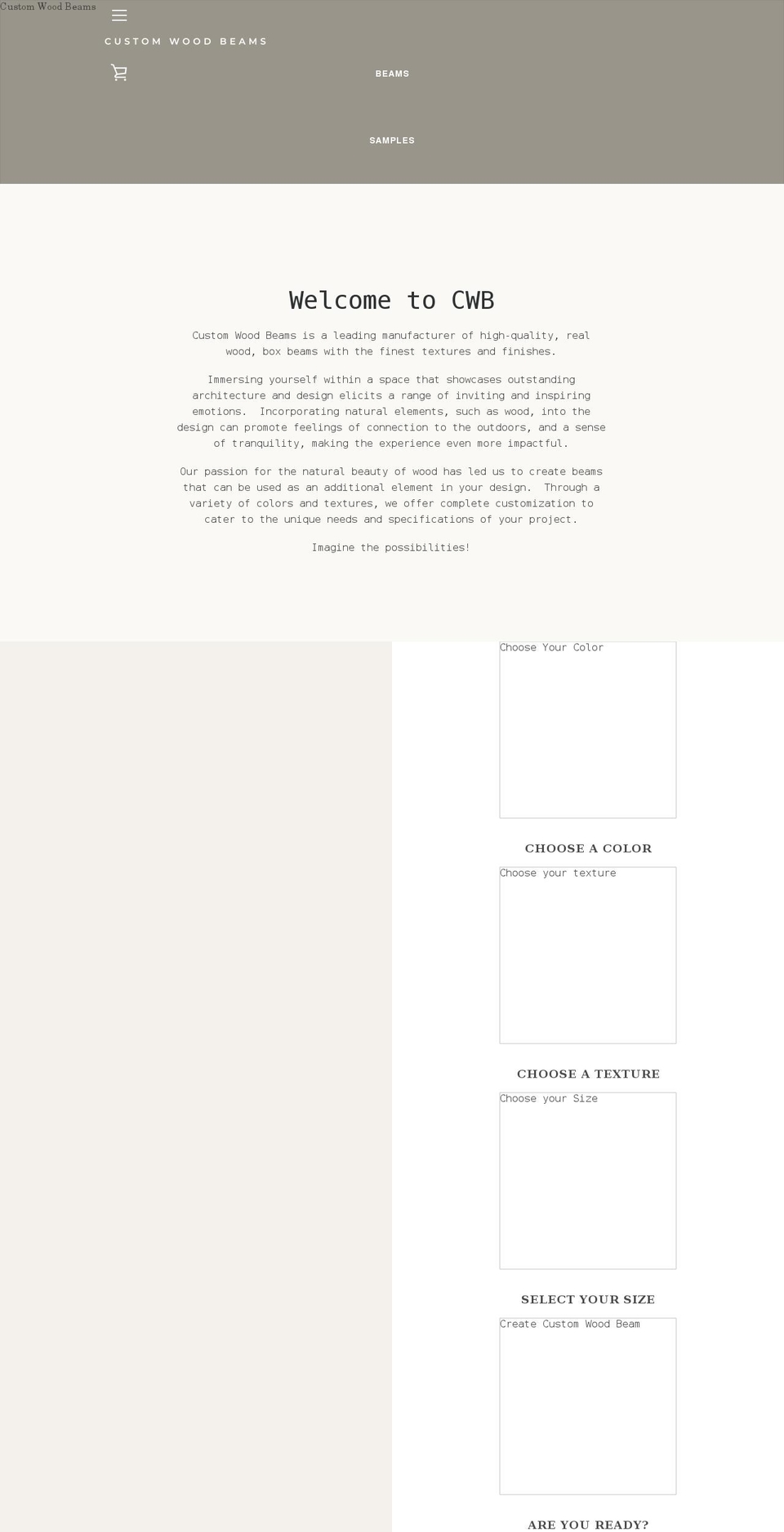 customwoodbeams.com shopify website screenshot