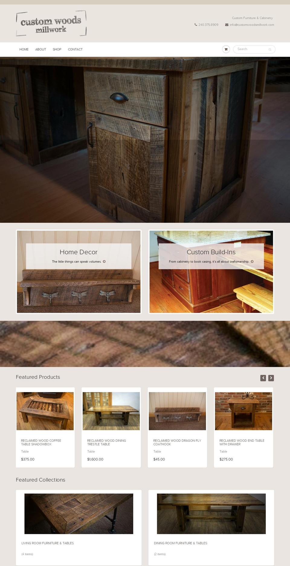 customwoodsmillwork.com shopify website screenshot