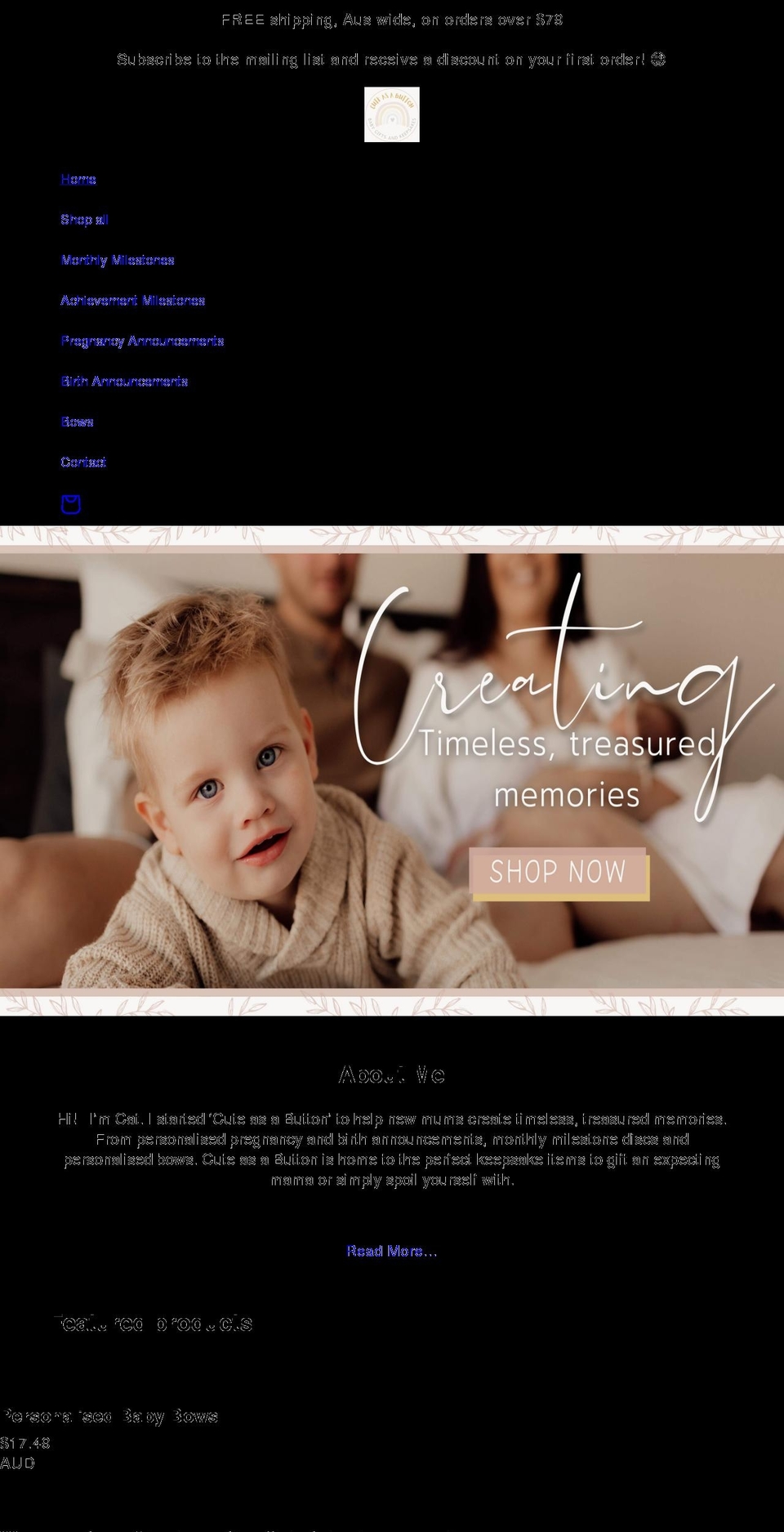 cuteasabuttonbaby.com shopify website screenshot