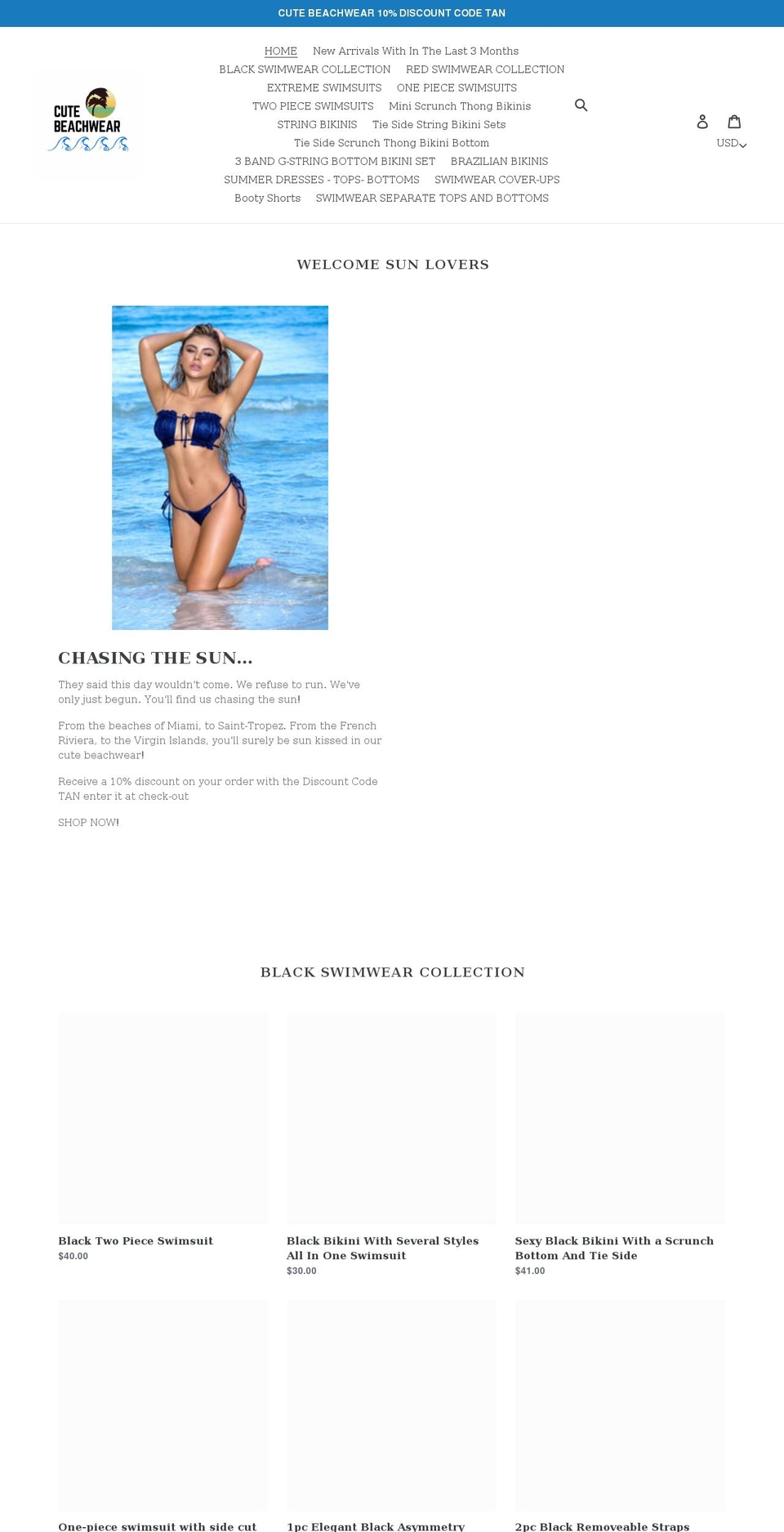 cutebeachwear.com shopify website screenshot