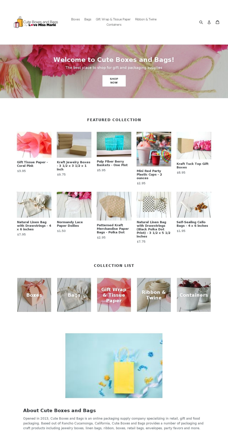 cuteboxesandbags.com — Shopify storefront screenshot