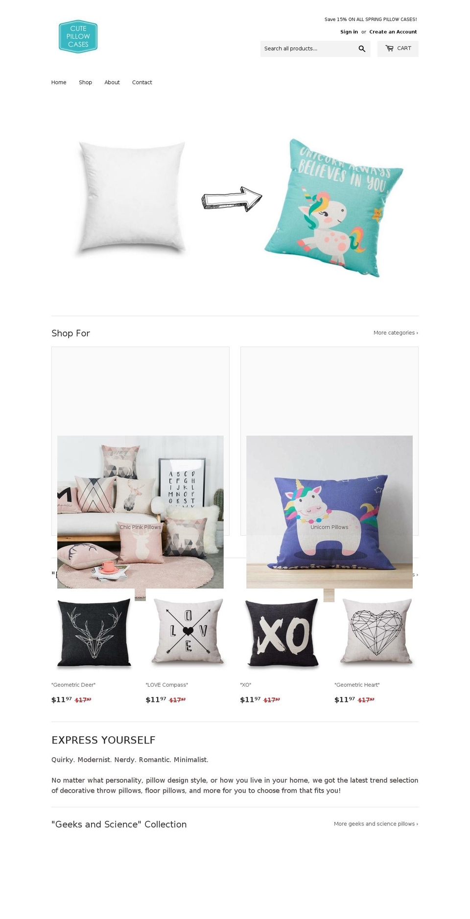 cutepillowcases.com — Shopify storefront screenshot