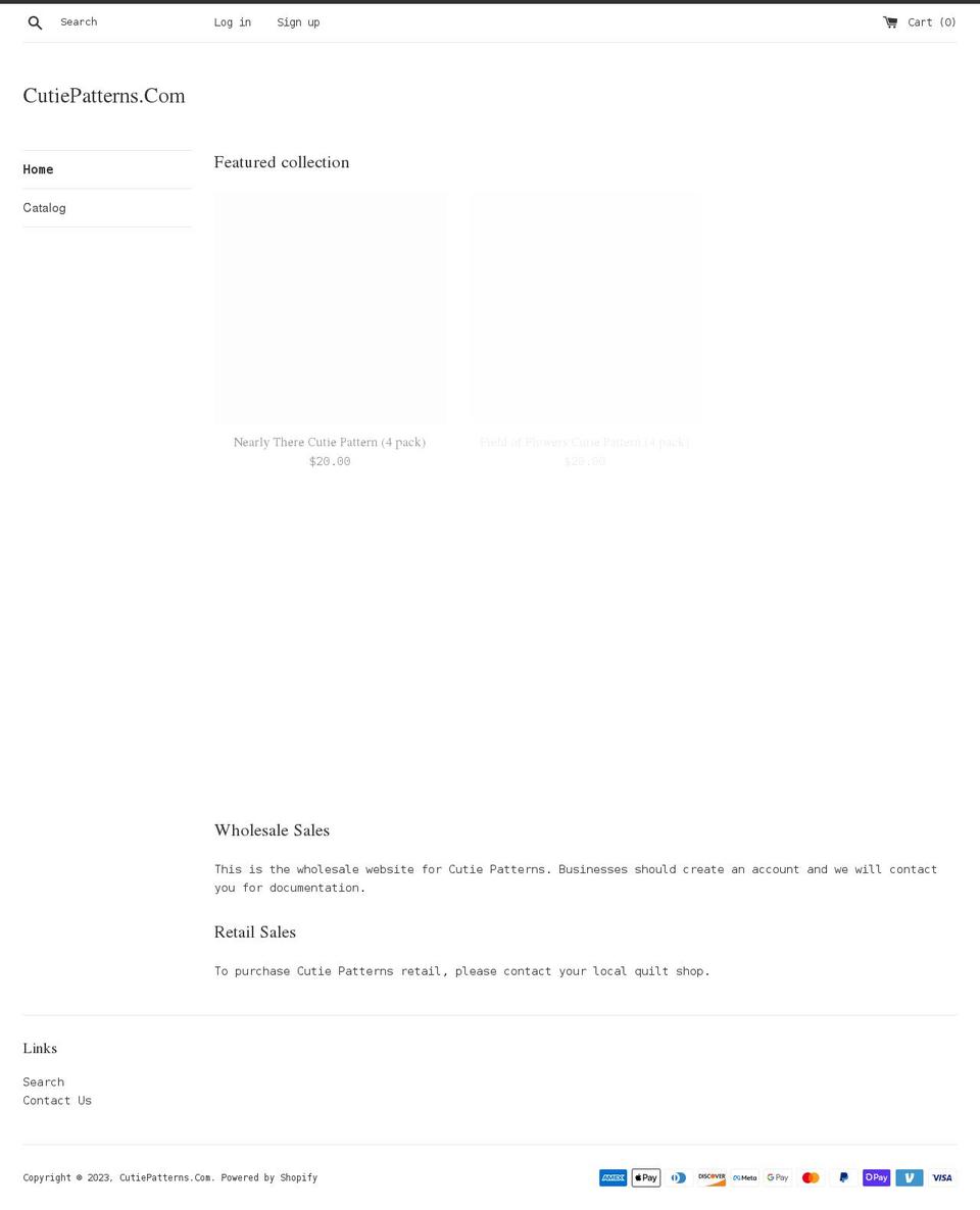 cutiepatterns.com shopify website screenshot