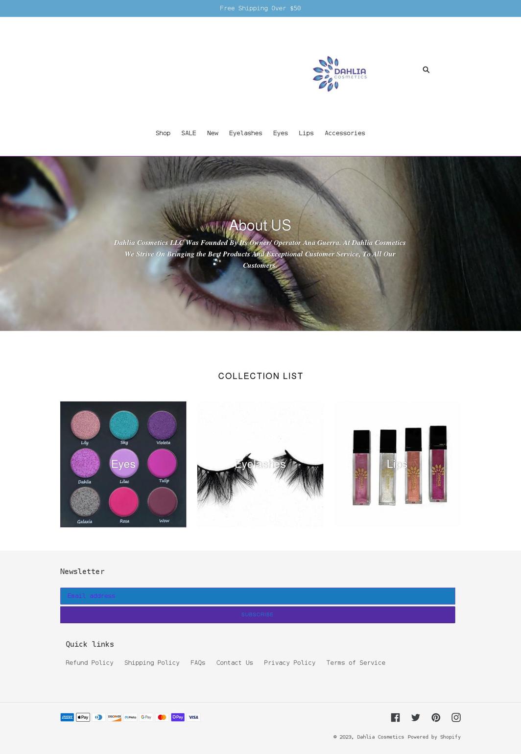 dahliacosmeticsstore.com shopify website screenshot