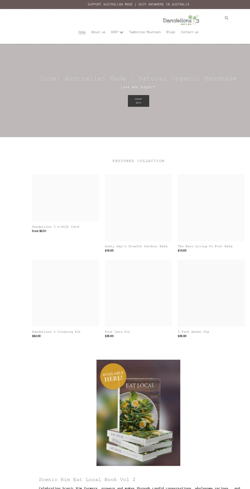 dandelions3.com.au shopify website screenshot