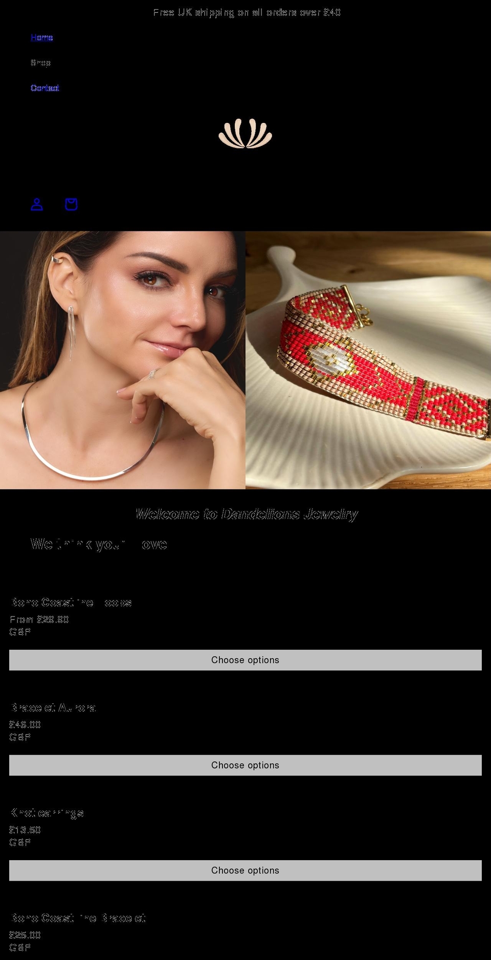 dandelionsjewelry.com shopify website screenshot