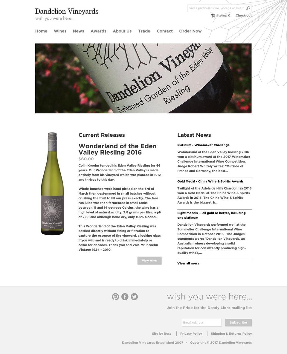 dandelionvineyards.com.au shopify website screenshot