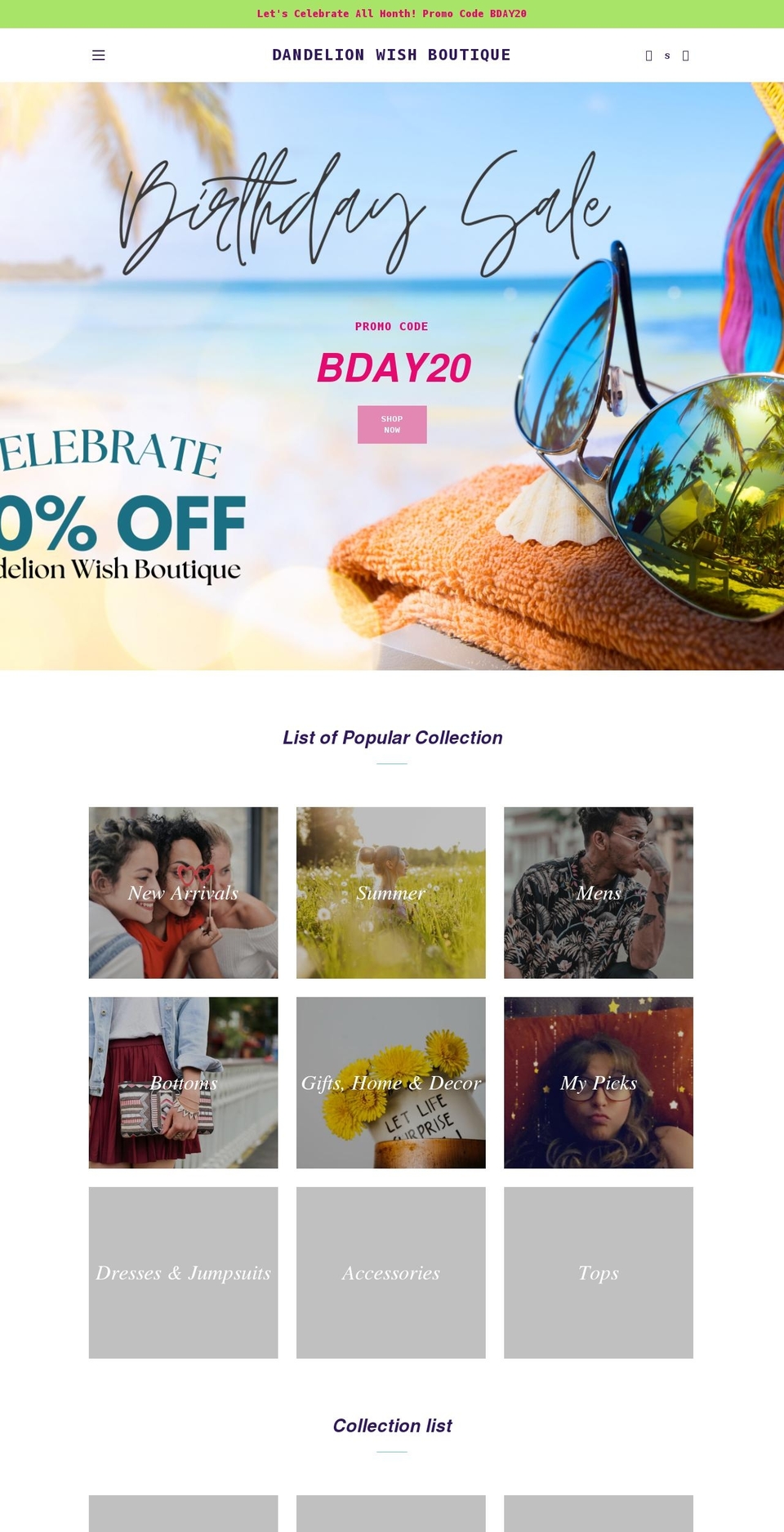 dandelionwishboutique.com shopify website screenshot