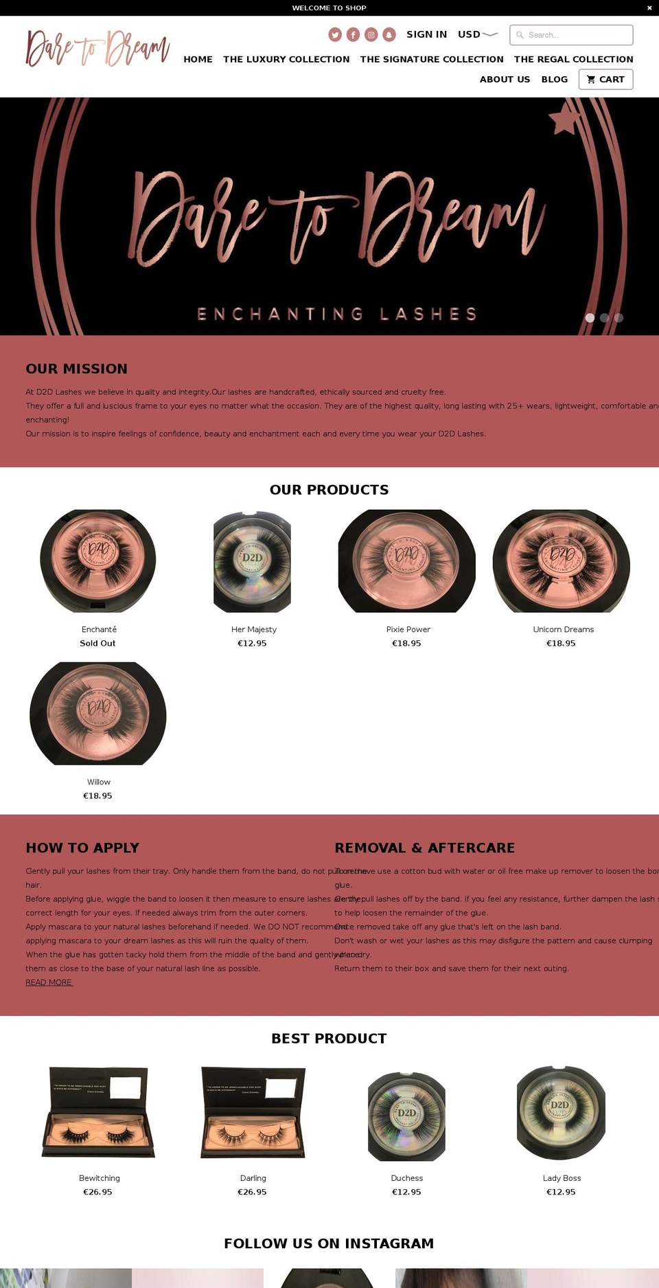 daretodreamlashes.com shopify website screenshot