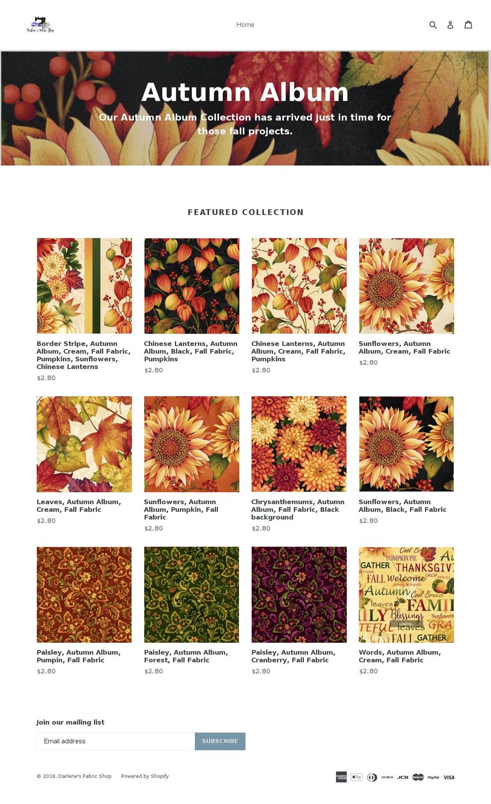 darlenesfabricshop.com — Shopify storefront screenshot