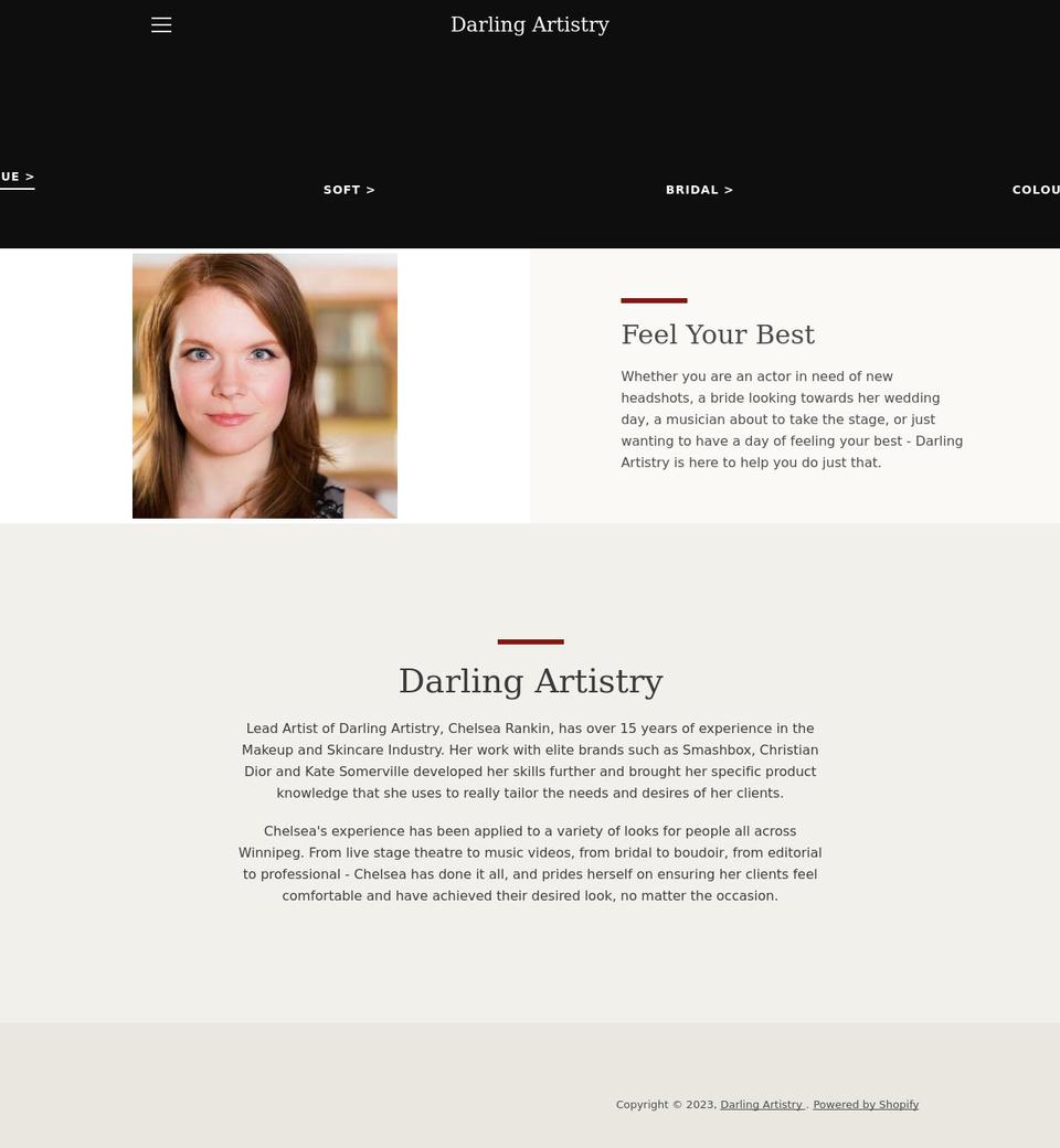 darlingartistrymakeup.com shopify website screenshot