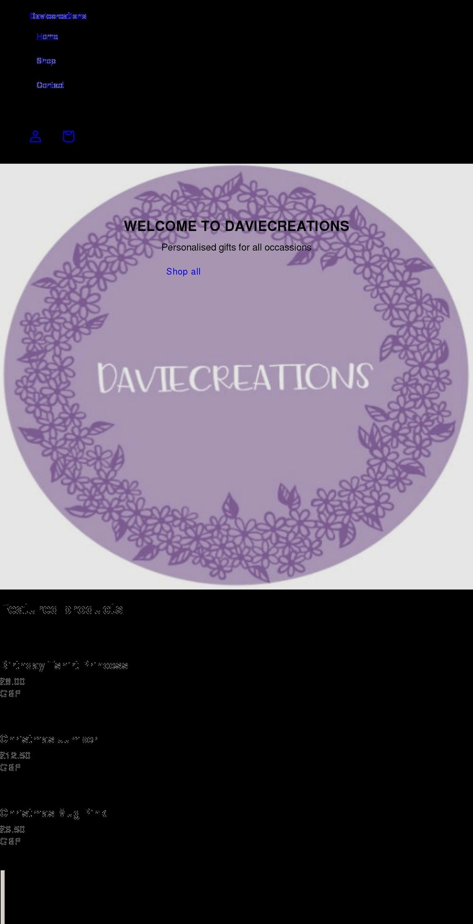daviecreations.com shopify website screenshot