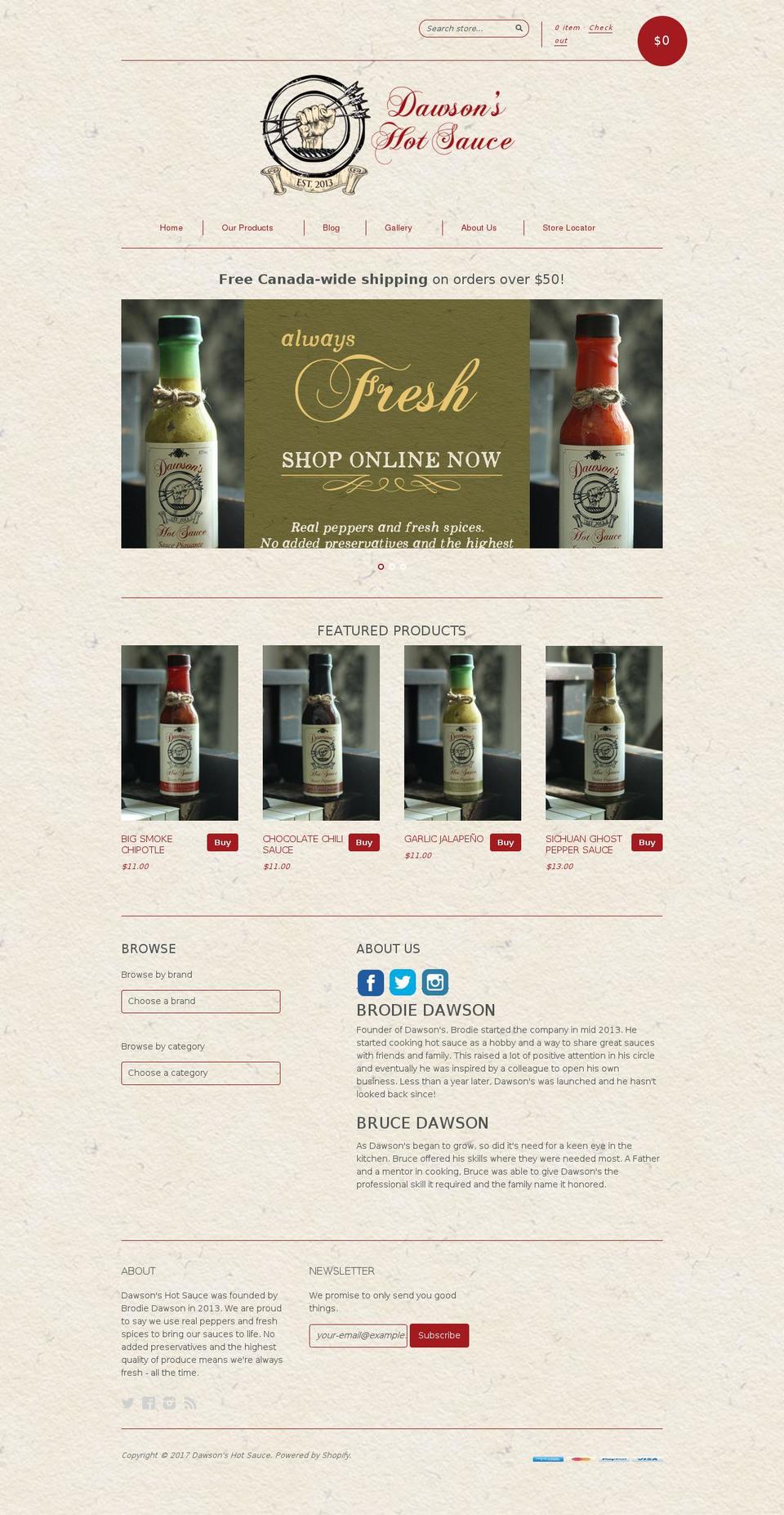 dawsonshotsauce.com shopify website screenshot