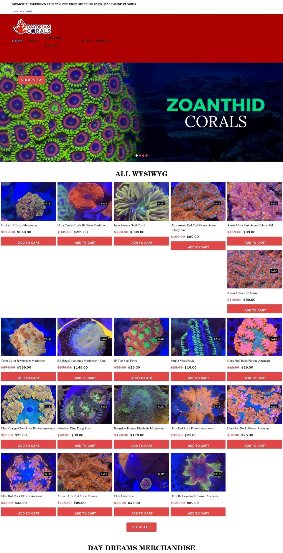daydreamcorals.com shopify website screenshot