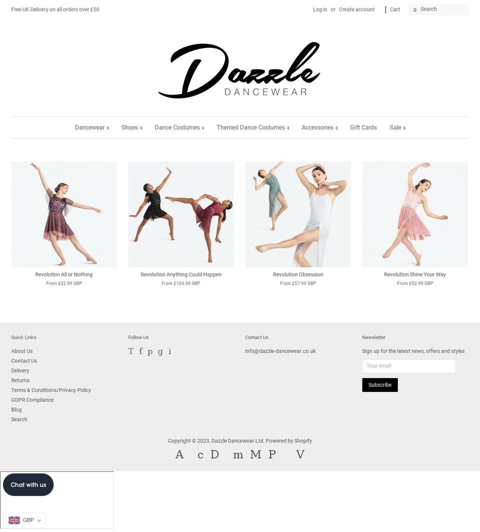 dazzle-dancewear.co.uk shopify website screenshot