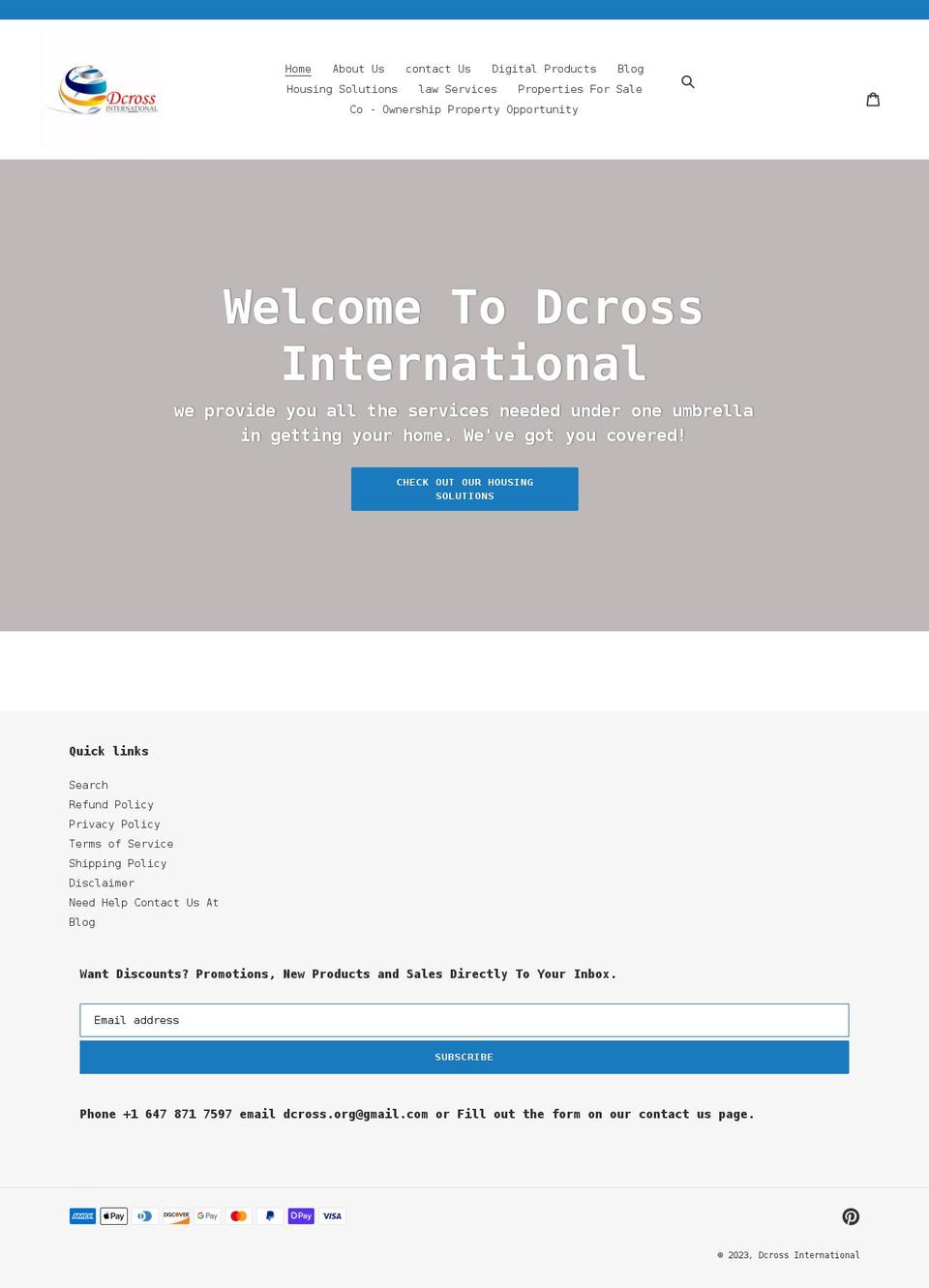 dcrossinternational.com shopify website screenshot