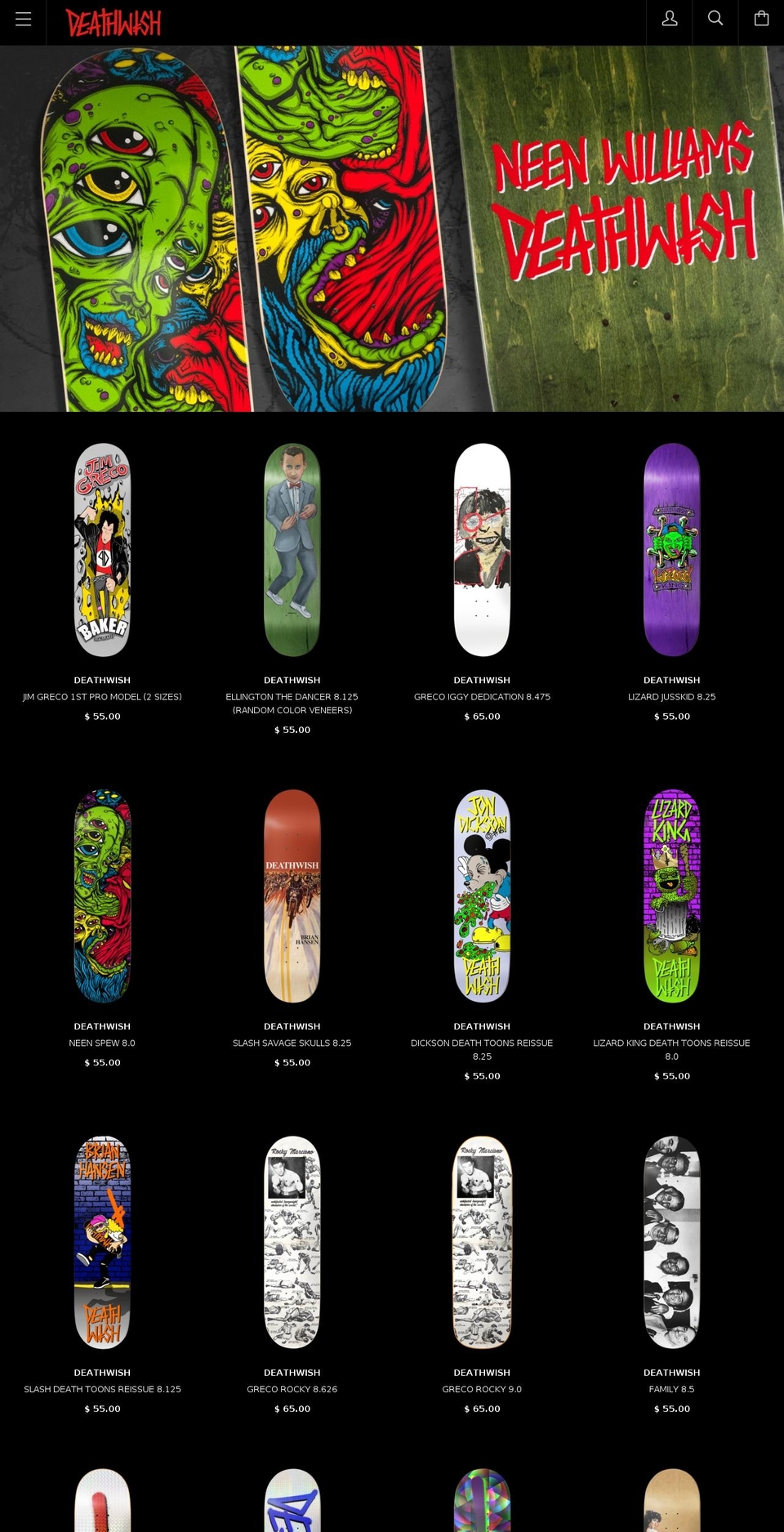 deathwishskateboards.com shopify website screenshot