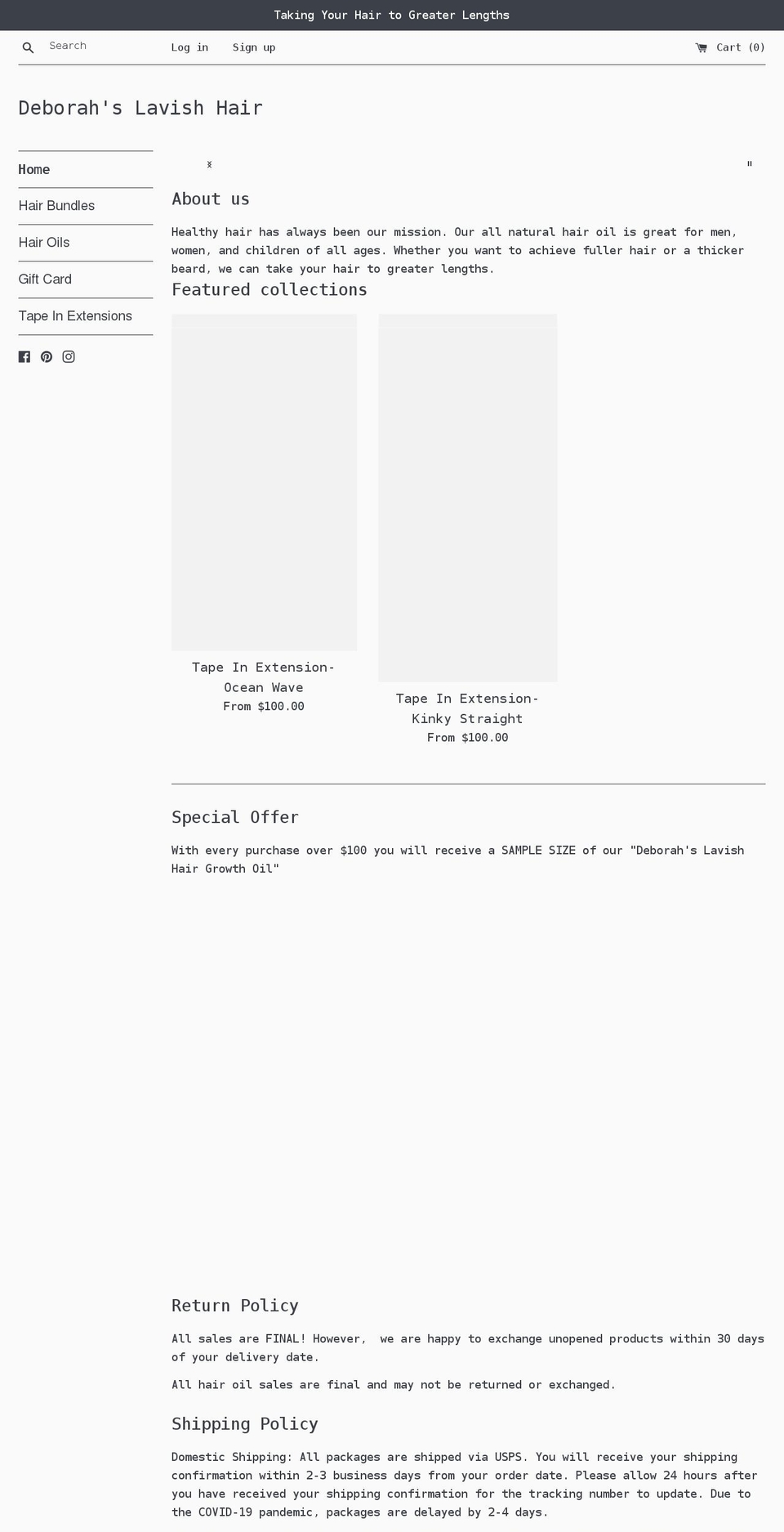 deborahslavishhair.com shopify website screenshot