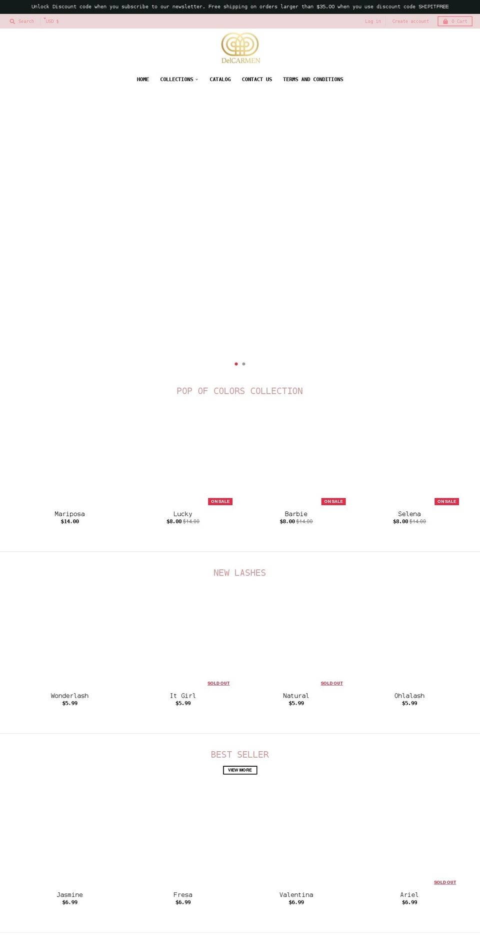 delcarmenluxuryeyelashes.com shopify website screenshot