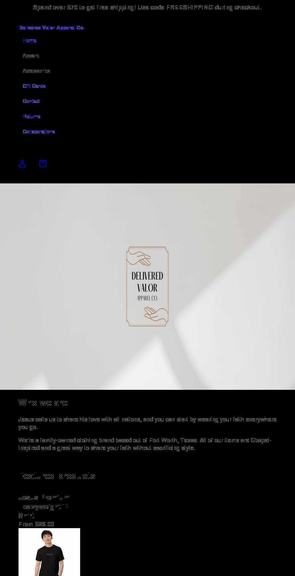 deliveredvalorapparel.com shopify website screenshot