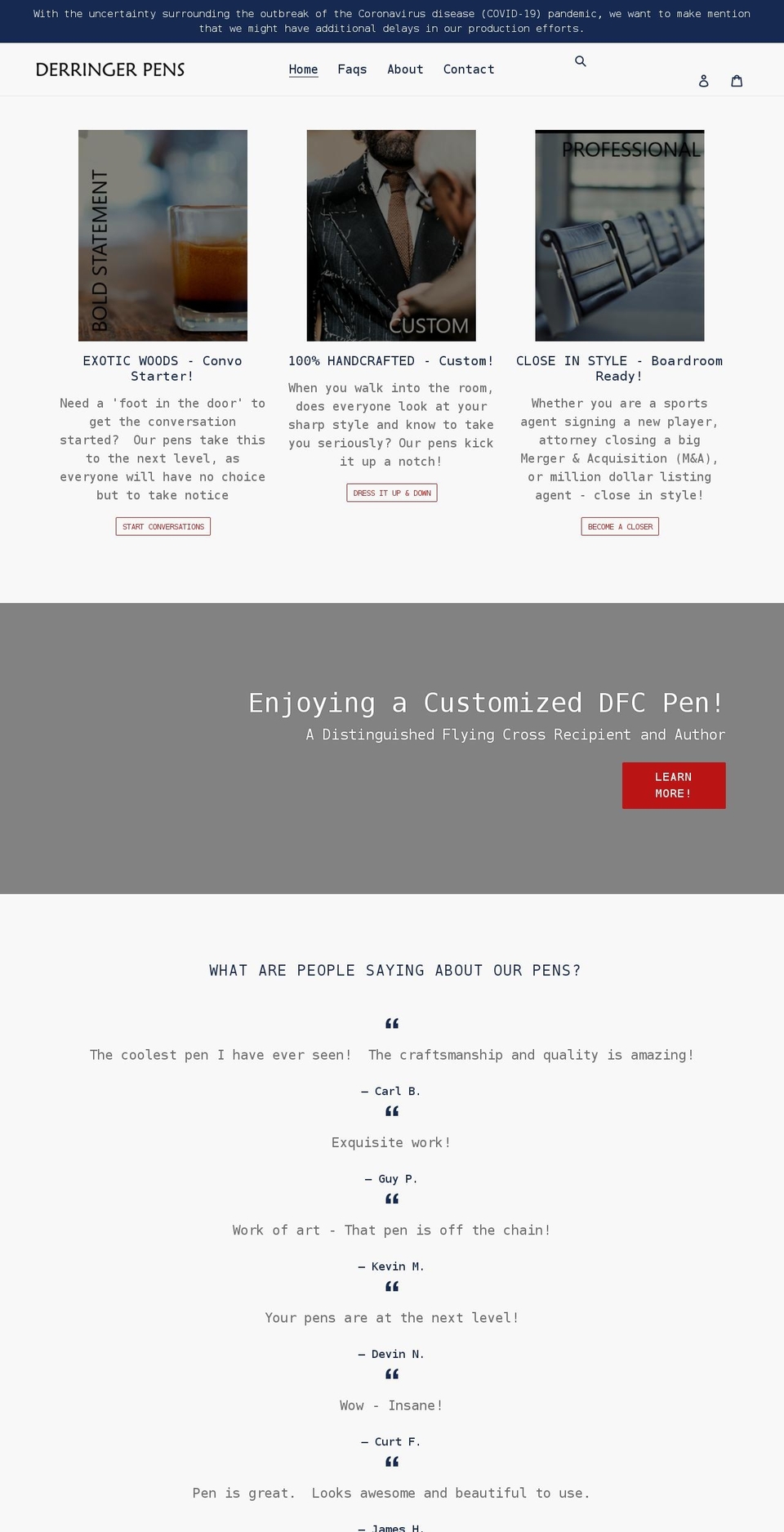 derringerpens.com shopify website screenshot