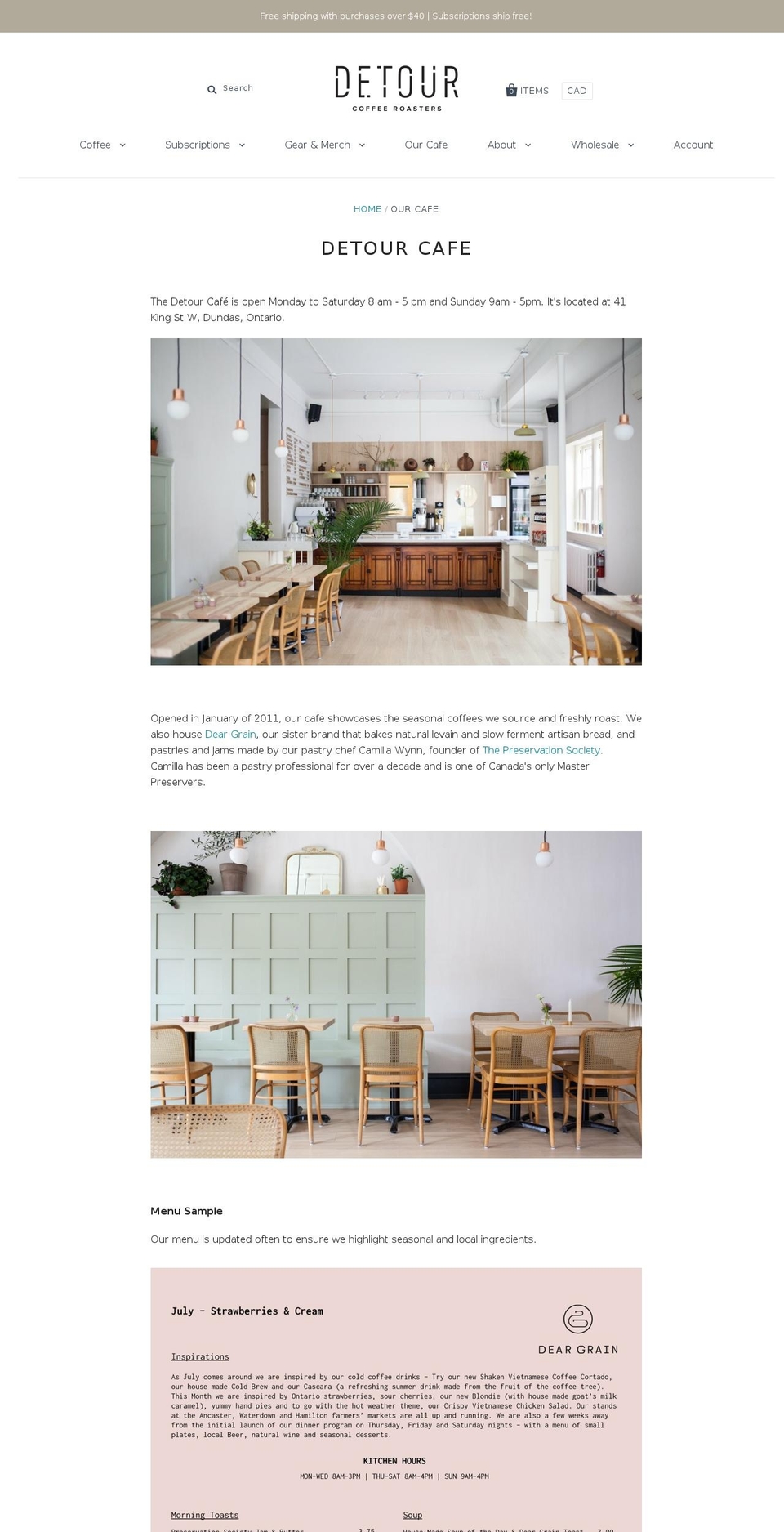 detourcafe.ca shopify website screenshot