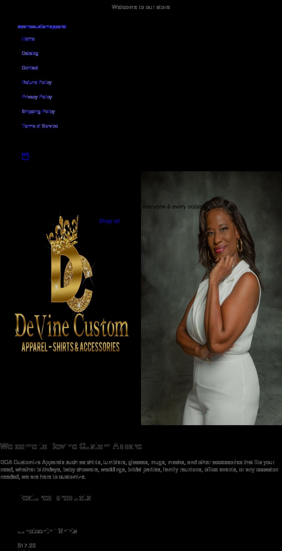 devinecustomapparel.com shopify website screenshot