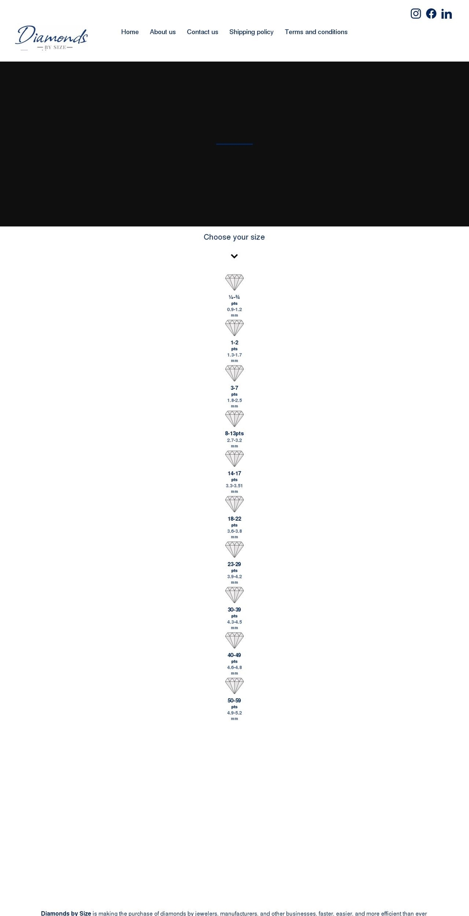 diamondsbysize.com shopify website screenshot
