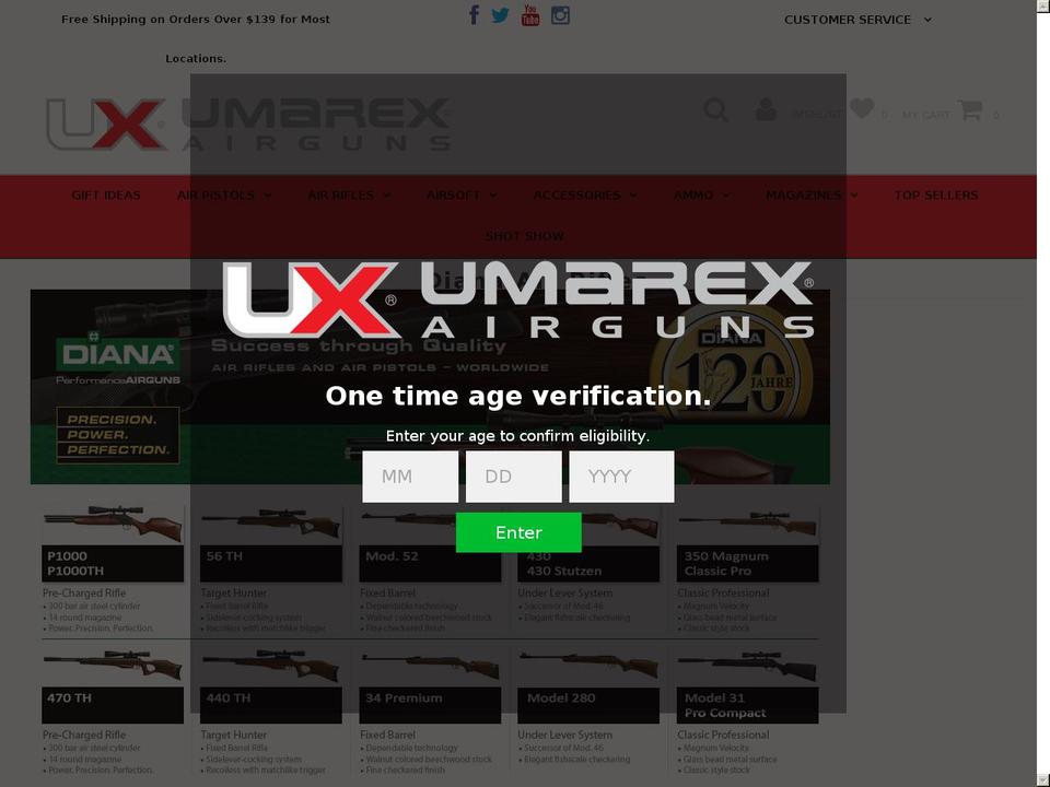 dianaairrifles.com shopify website screenshot