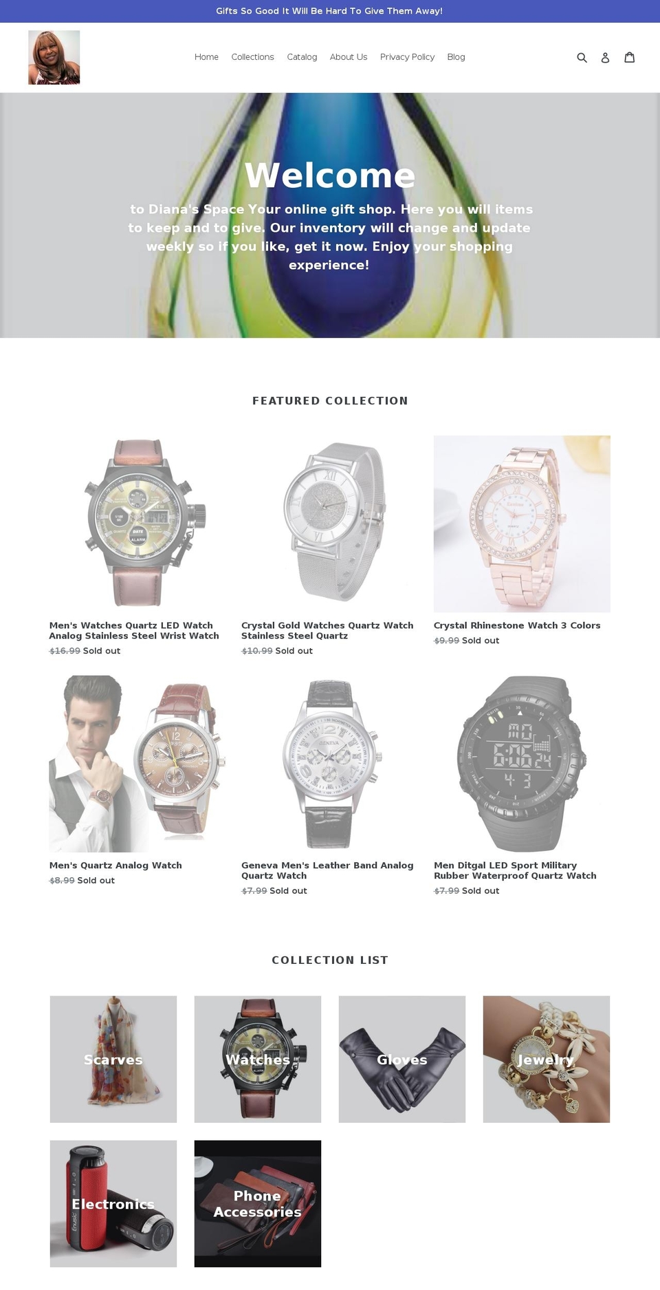 dianas-space.myshopify.com — Shopify storefront screenshot