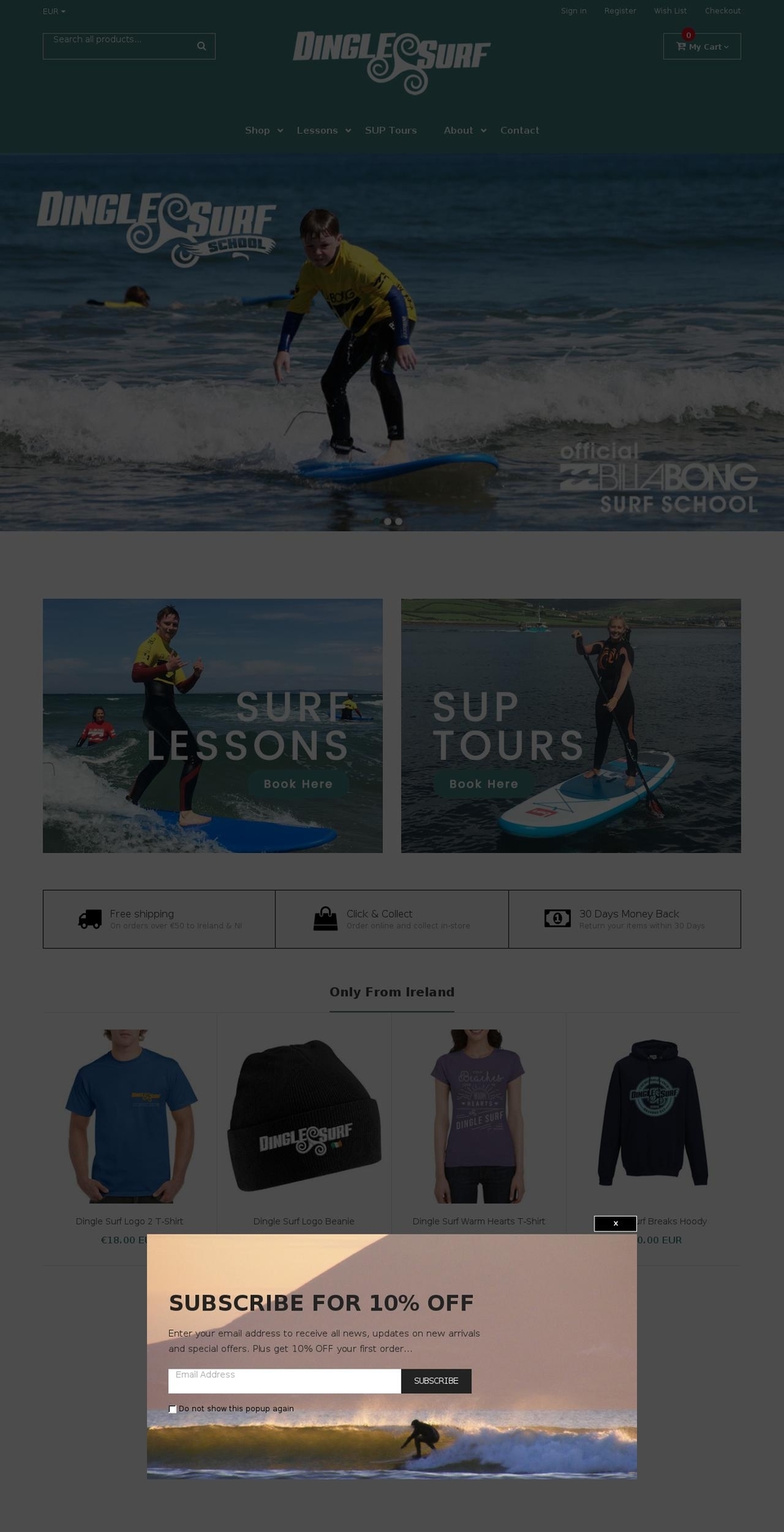 dinglesurfschool.ie shopify website screenshot