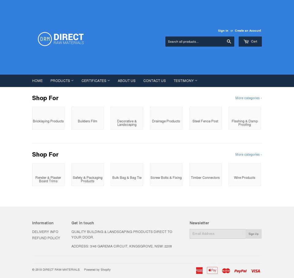 directrawmaterials.com.au shopify website screenshot