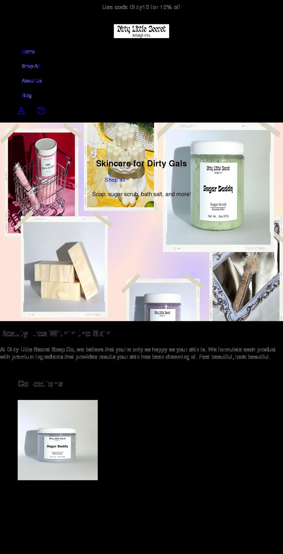 dirtylittlesecretsoap.com shopify website screenshot