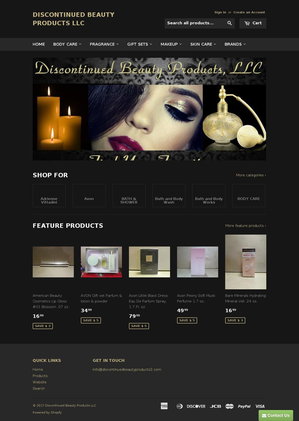 discontinuedbeautyproducts2.com shopify website screenshot