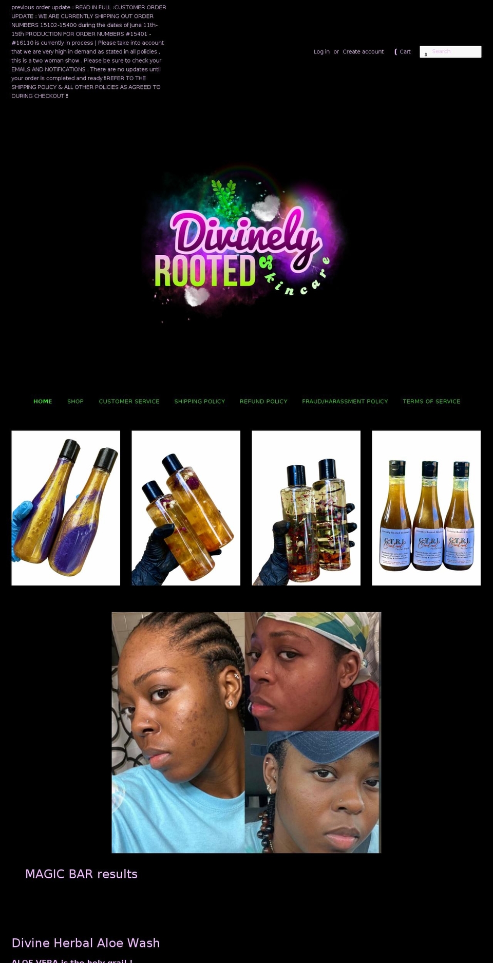 divinelyrootedskincare.com shopify website screenshot